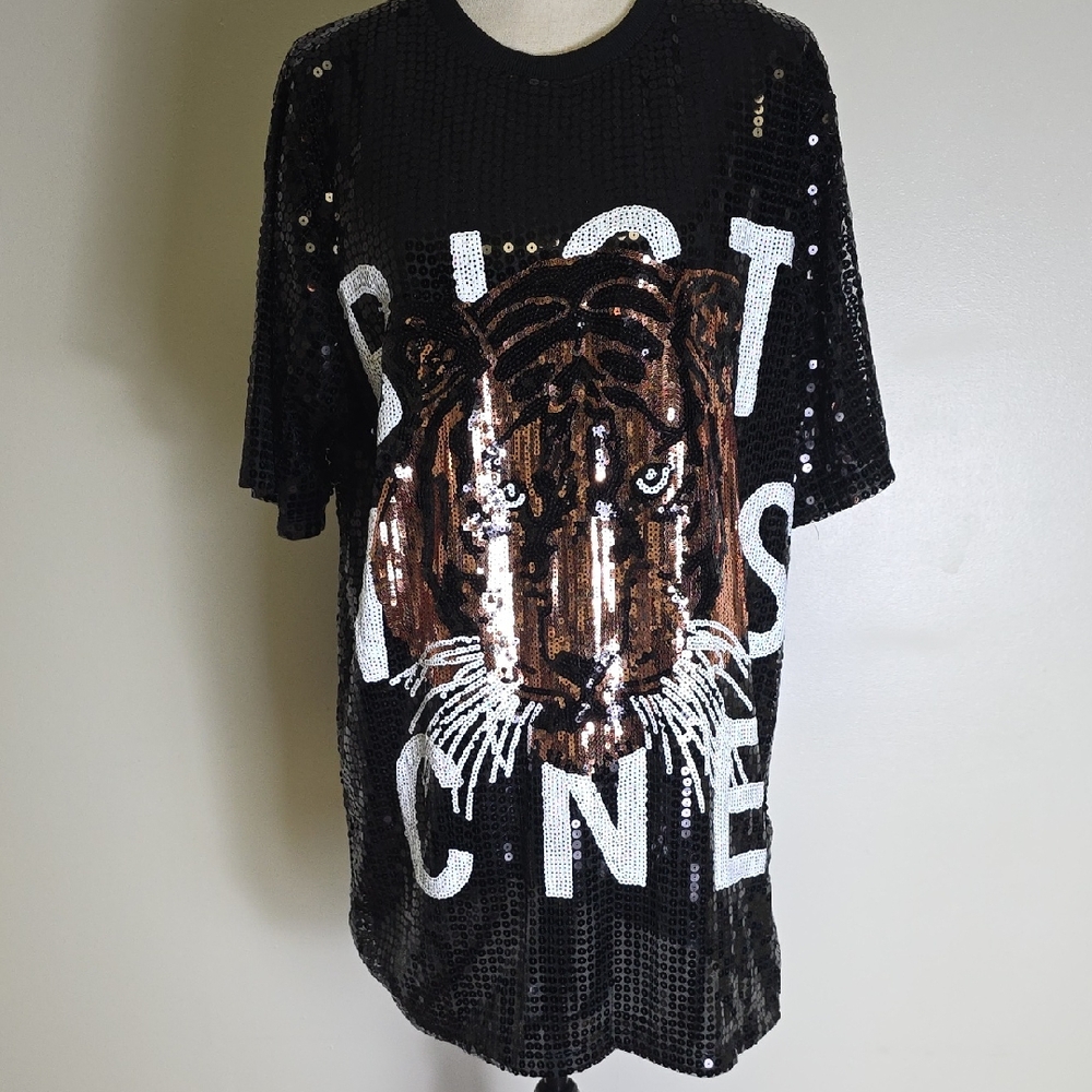 Kara Chic By NF Sequin Tiger Graphic Black T-Shirt NWT #197